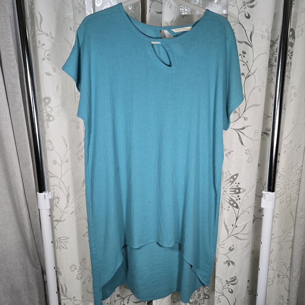 Soft Surroundings‎ 100% Cotton Teal Lagenlook Tunic Top Size PL Asymmetrical Hem